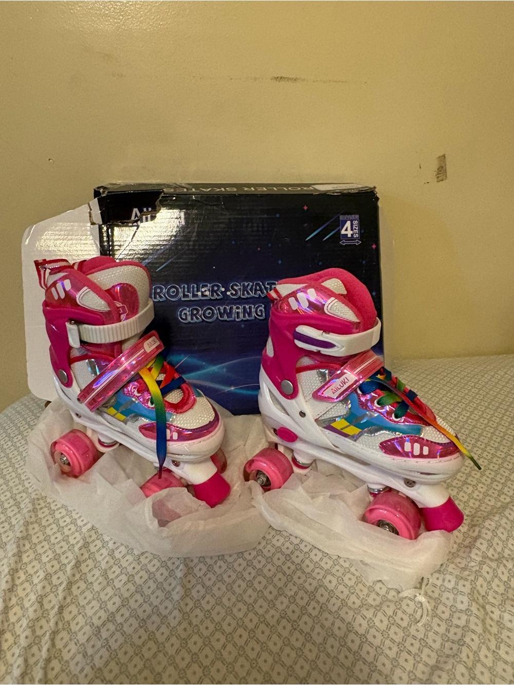 Kids Adjustable Pink White Roller Skates